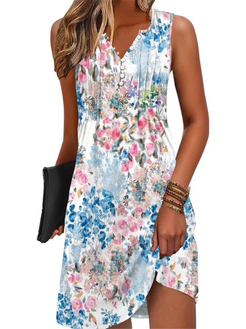 Women's Floral Rose Pink Swim Cover up Neck Summer Button Sleeveless Mini Dress